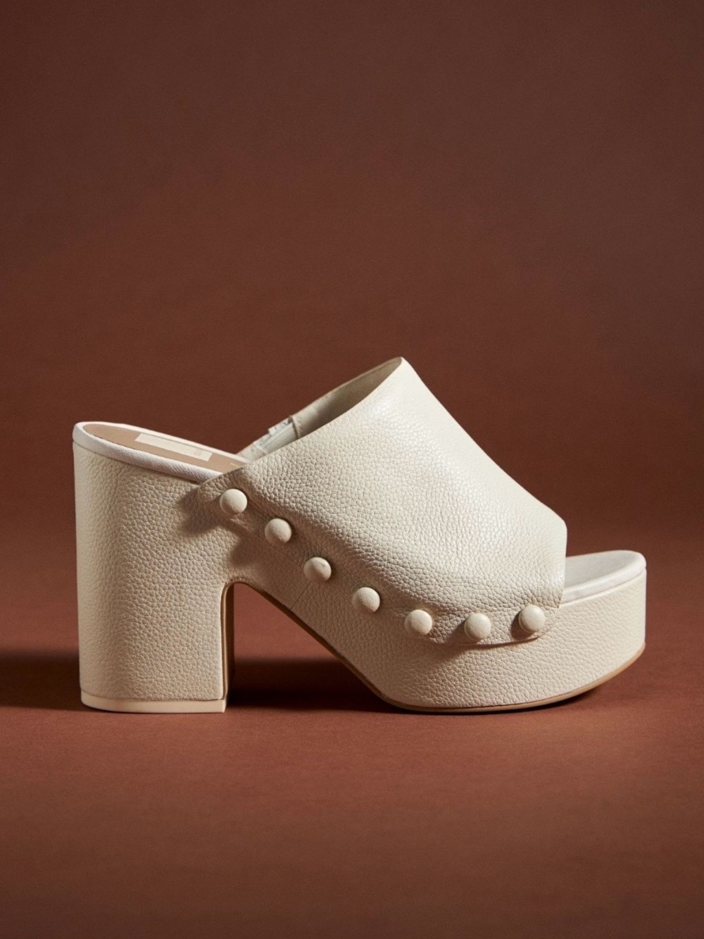 Dolce Vita Emol Heels, Cream Platform Mule Heel Slip-On with Stud Detail